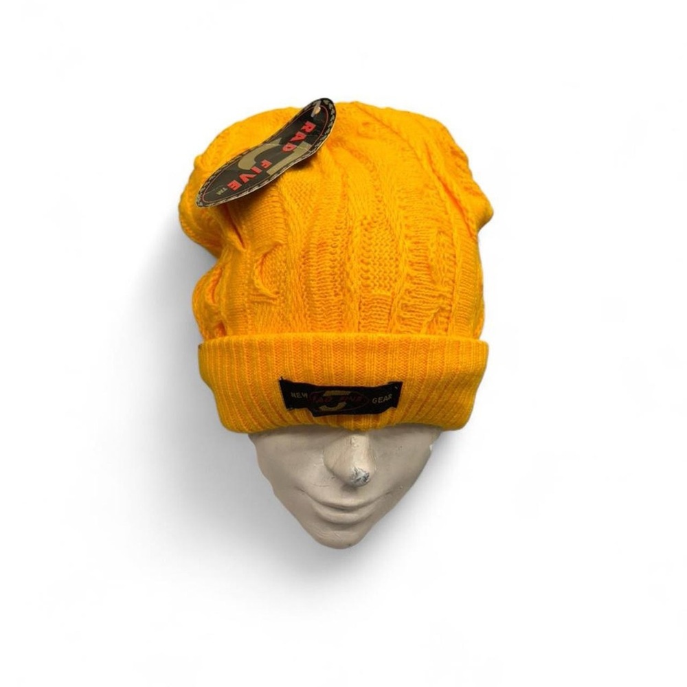 Y2K Rad Five Coogi style sweater 3D cable knit beanie hat yellow